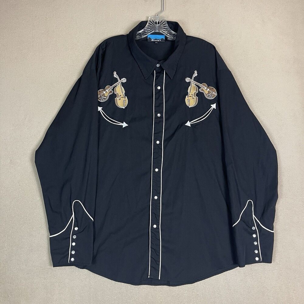Benny's Shirt Mens‎ 2XL Black Rock a Billy Western Music Embroidered Long Sleeve